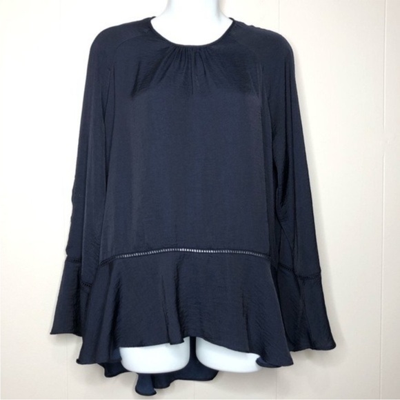 Mossimo Supply Co. Tops - MOSSIMO Dark Blue Bell Sleeve Flowy High Low Top Size Medium